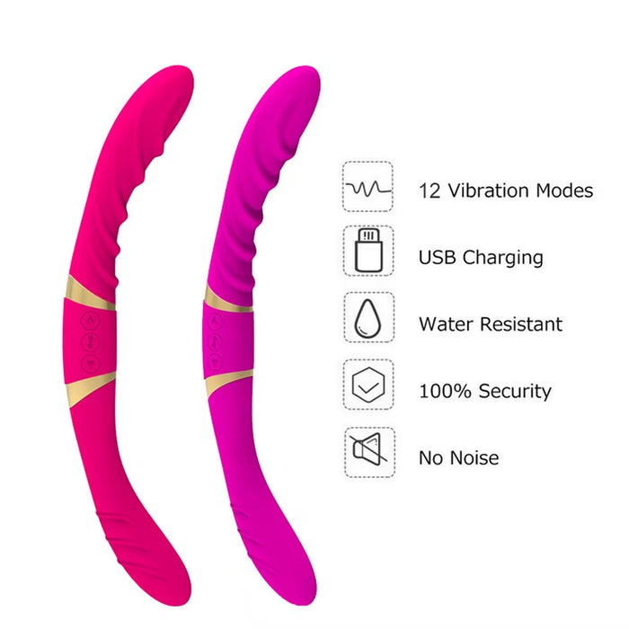 12 Frequency Silicone Flexible Dildo Double Motor Vibrating Lesbian Double Ended Vibrator