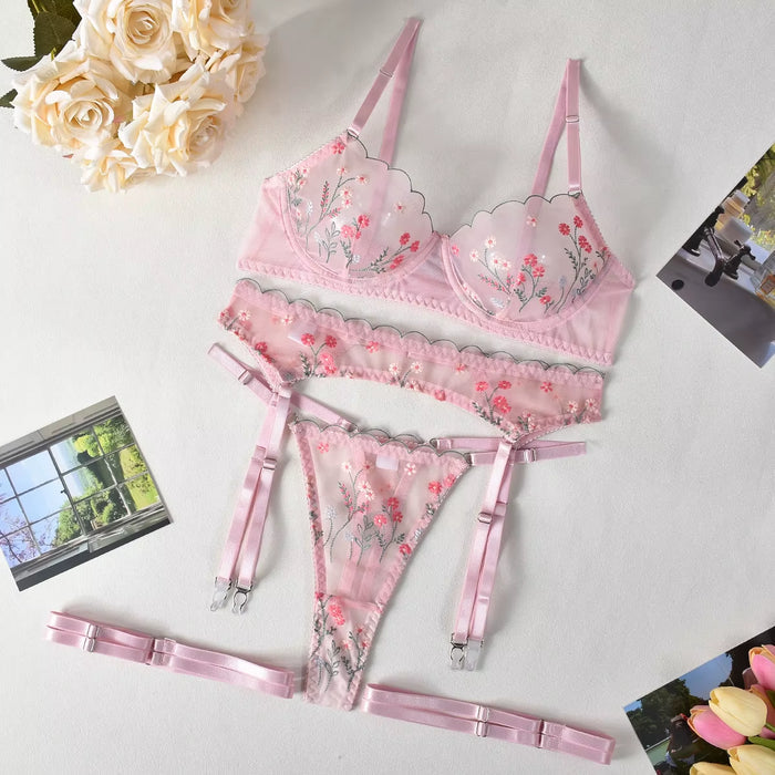 Europe and America Sexy Flower Embroidery Perspective Mesh Women'S Underwear Hot Lingerie
