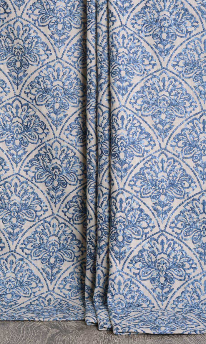 Embroidered Window Treatments Fabric By the Metre (Pale Beige/ Ink Blue)