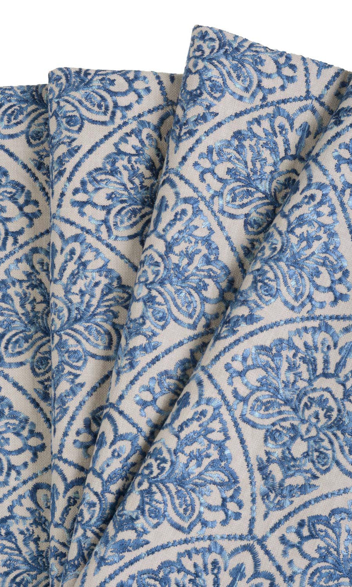 Embroidered Home Textile Fabric Material By the Metre (Pale Beige/ Ink Blue)