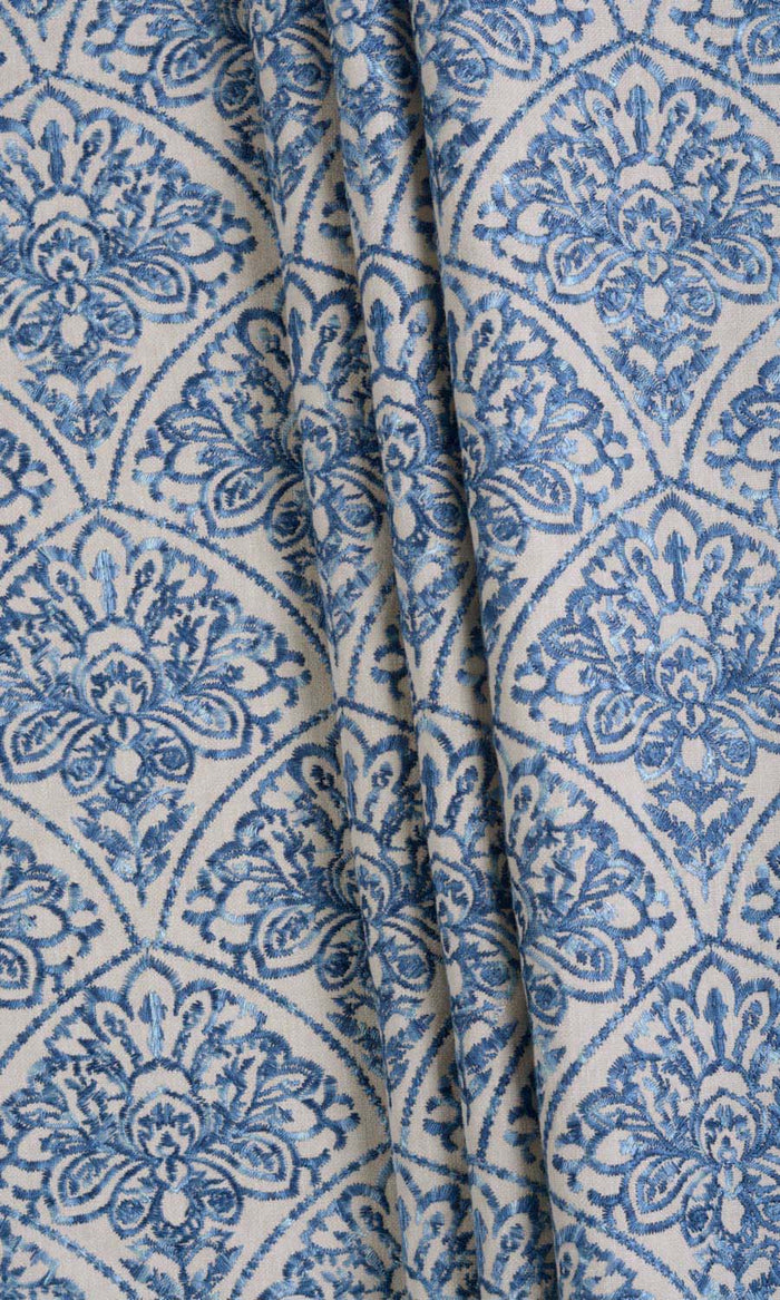 Embroidered Fabric Material By the Metre (Pale Beige/ Ink Blue)
