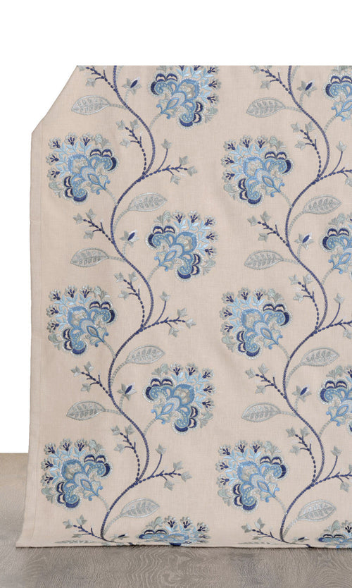 Floral Embroidered Cotton Window Treatments Fabric By the Metre (Beige/ Blue)