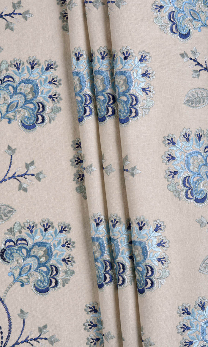 Floral Embroidered Cotton Fabric Material By the Metre (Beige/ Blue)