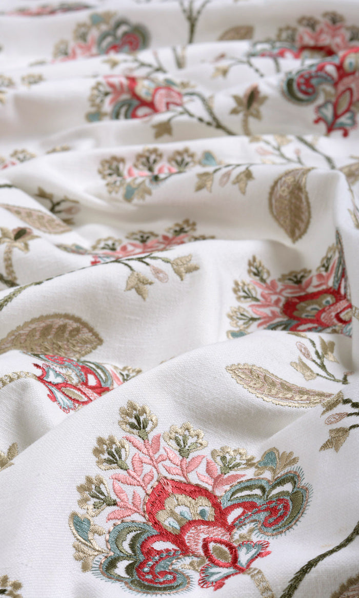 Floral Embroidery Fabric By the Metre for Curtains & Drapes (White/ Red/ Pink)