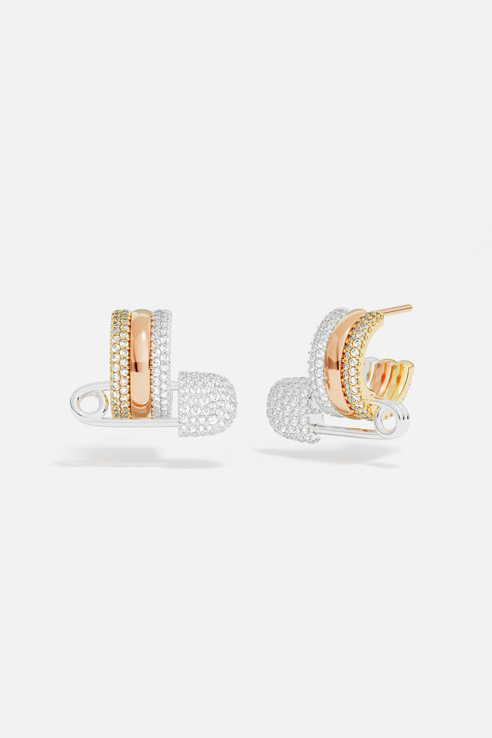 APM Earrings, a playful safety pin twist in dazzling tri-color brilliance.