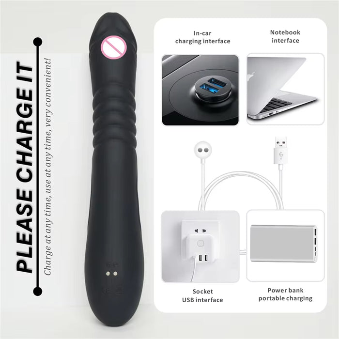 Big Black Electric Multispeed Telescoptic Swing Clitoris Massage Vibrating Dildo and Vibrator