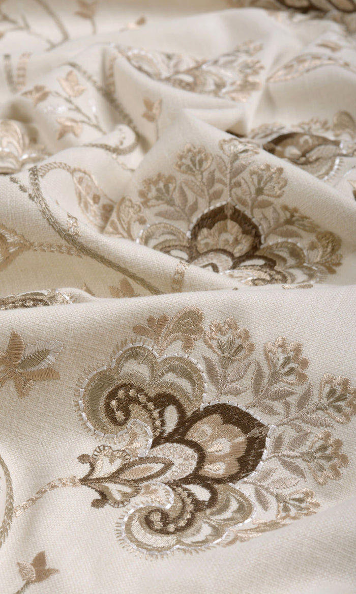 Vine Embroidered Window Treatments Fabric By the Metre (Latte Beige/ Brown)