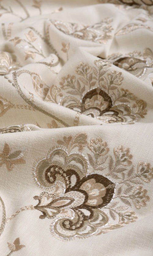 Vine Embroidered Window Treatments Fabric By the Metre (Latte Beige/ Brown)