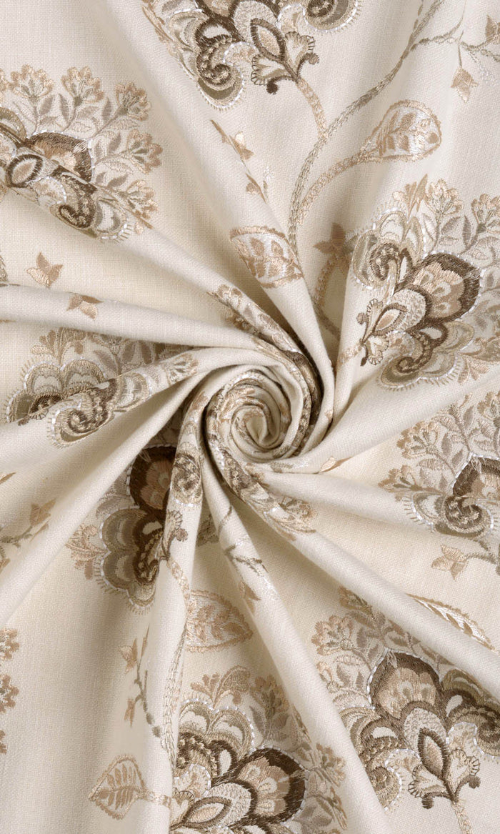 Vine Embroidered Fabric By the Metre for Curtains & Drapes (Latte Beige/ Brown)
