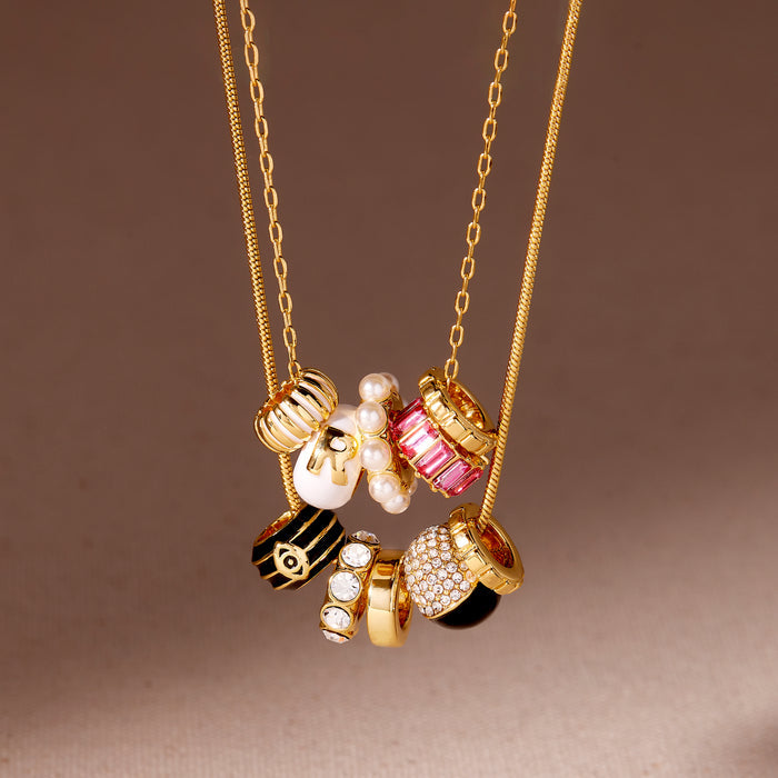 Necklace with various charms on a brown background