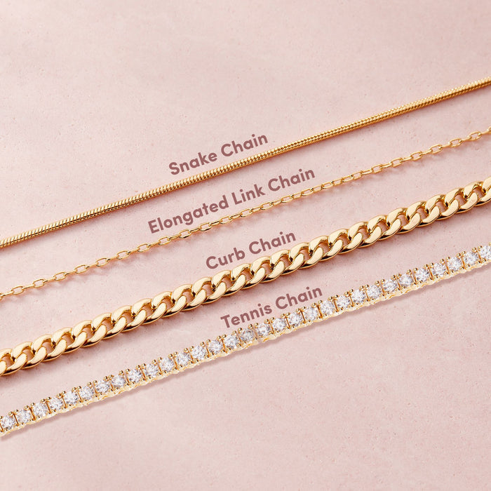 Four gold chain necklaces on a pink background with labels.