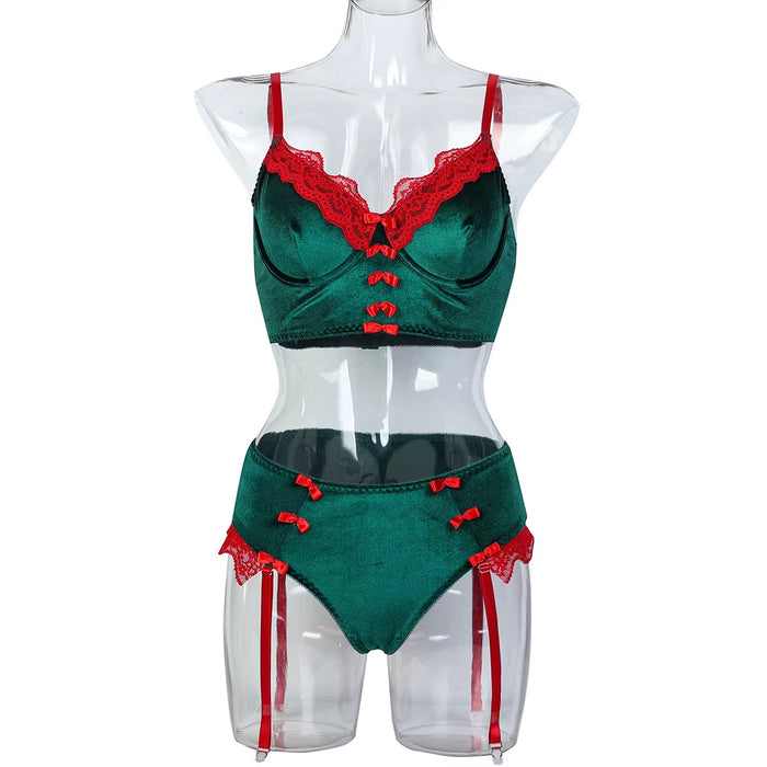 New Arrival Christmas Velvet V-Neck 2 Pcs Lingerie Set Wholesale Erotic Lace Decoration Underwear Set