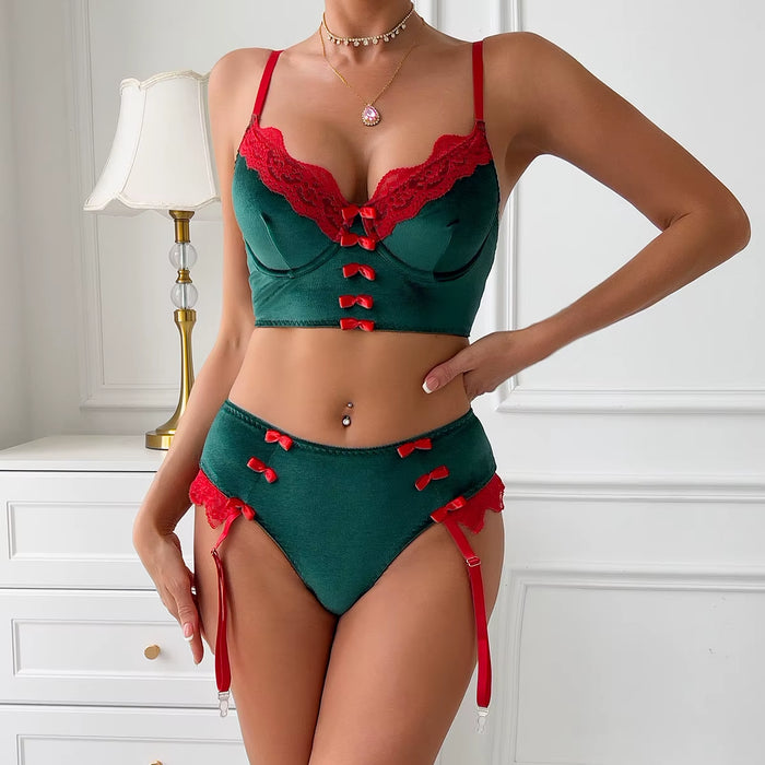 New Arrival Christmas Velvet V-Neck 2 Pcs Lingerie Set Wholesale Erotic Lace Decoration Underwear Set