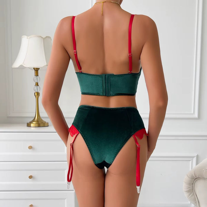 New Arrival Christmas Velvet V-Neck 2 Pcs Lingerie Set Wholesale Erotic Lace Decoration Underwear Set