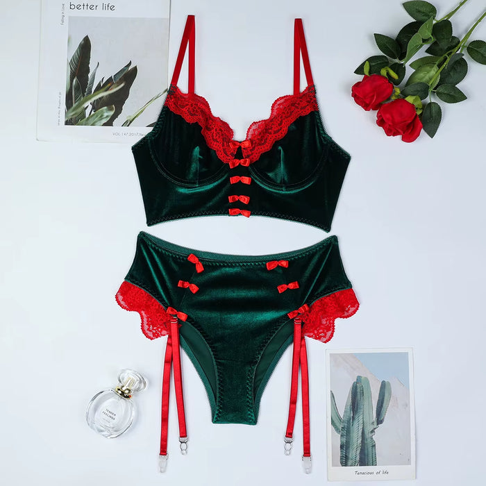 New Arrival Christmas Velvet V-Neck 2 Pcs Lingerie Set Wholesale Erotic Lace Decoration Underwear Set