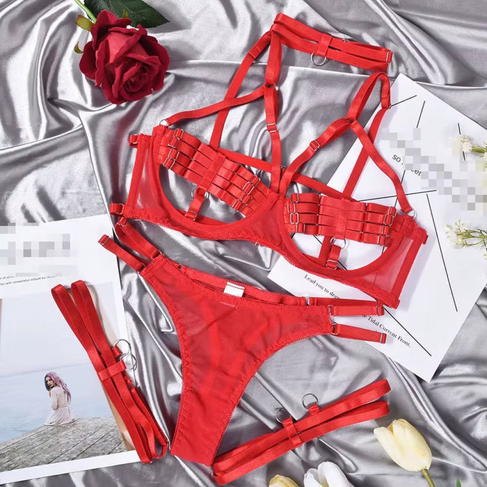 Custom Bandage Sexy Underwear Set with Steel Ring 4 Piece Lingerie Set Tight Sexy Lingerie Sets