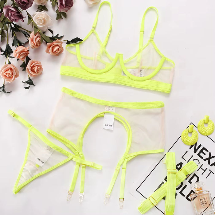 Custom Women's Sheer Mesh Lace Lingerie Set - 4-Pack Neon Underwire Garter Sets