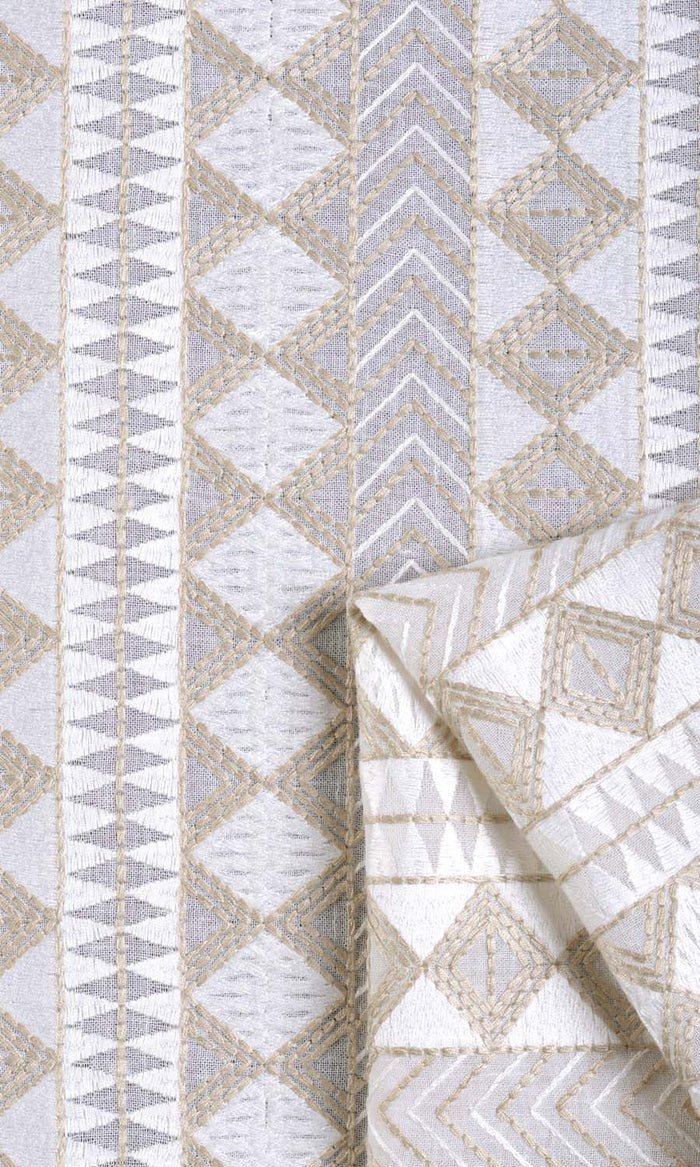 Geometric Patterned Sheer Fabric Material By the Metre (White/ Beige)