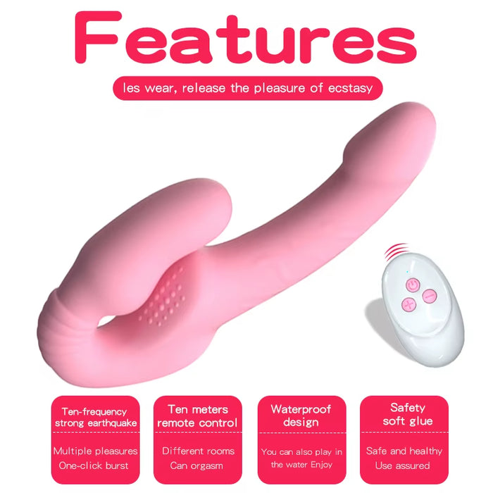 Double Ended Head Vibrating Remote Control G Spot Clit Stimulation Sex Toy Strapless Strap on Dildo Vibrator