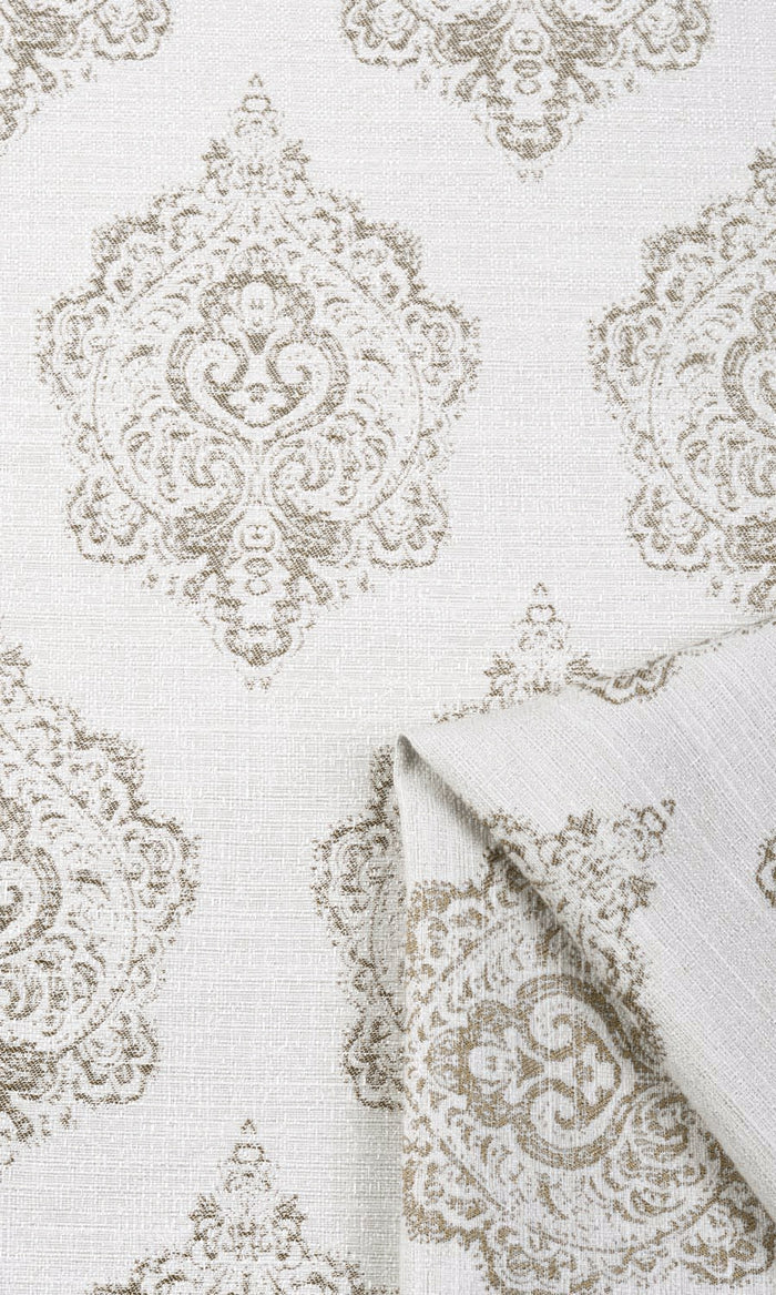 Damask Poly-Cotton Fabric By the Metre for Curtains & Drapes (Cream/ Pale Beige)