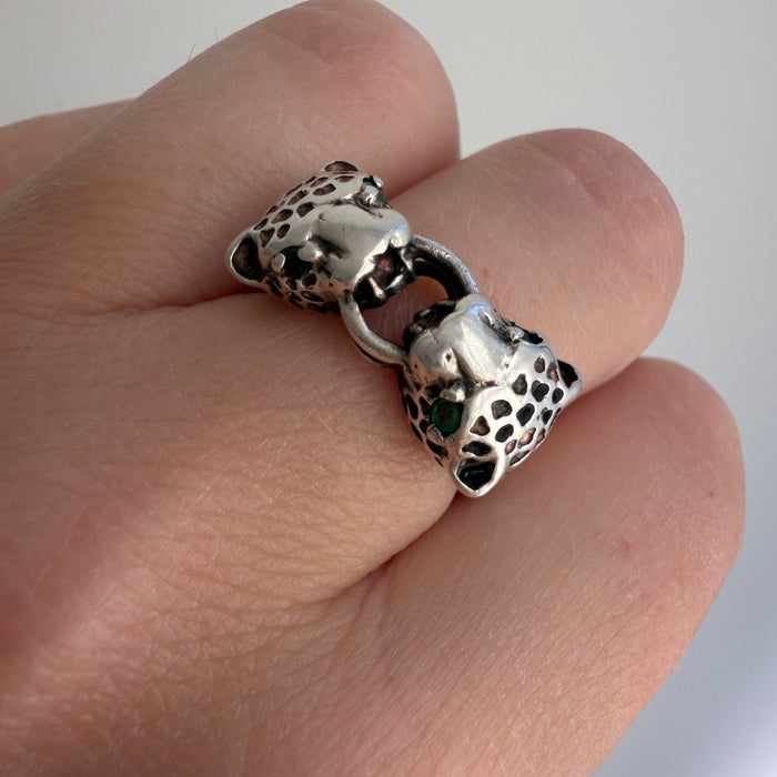 E S T A T E // leopard twins / sterling silver double leopard ring with emerald eyes