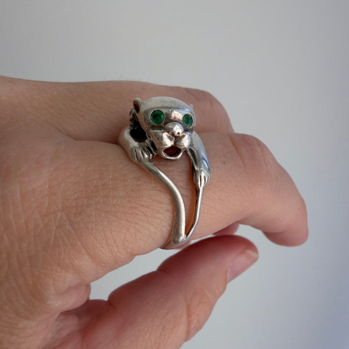 E S T A T E // panther pretty / sterling silver wrap around panther ring with emerald eyes and CZ collar