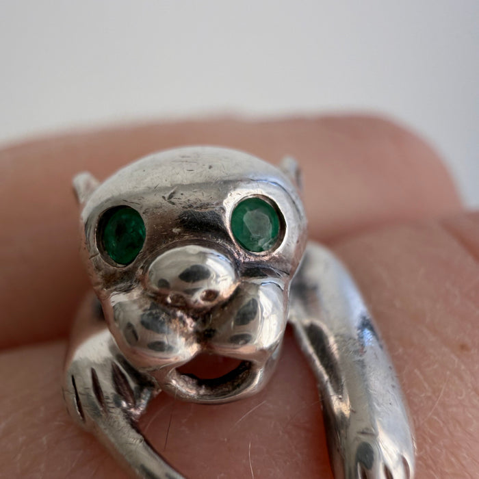 E S T A T E // panther pretty / sterling silver wrap around panther ring with emerald eyes and CZ collar