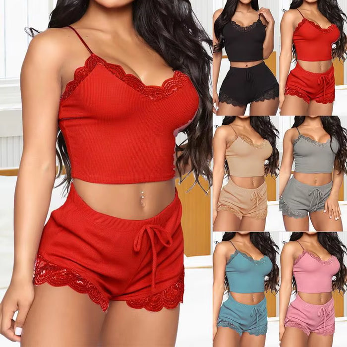 Elegant 2-Piece Lace Bra and Panty Set with Striped Design - Casual Short Pajama Set for Young Women
