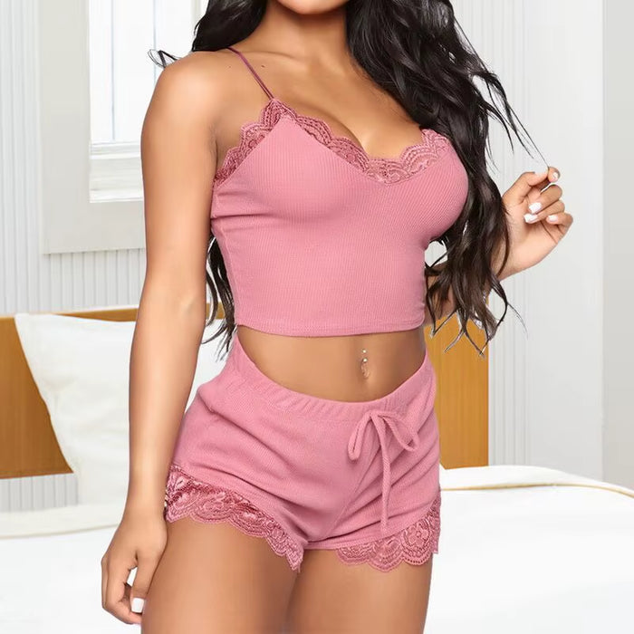 Elegant 2-Piece Lace Bra and Panty Set with Striped Design - Casual Short Pajama Set for Young Women