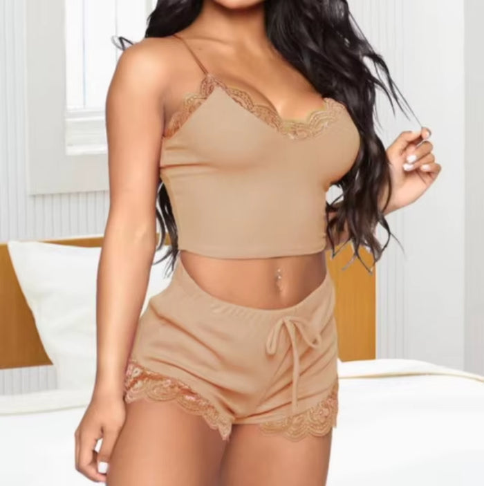 Elegant 2-Piece Lace Bra and Panty Set with Striped Design - Casual Short Pajama Set for Young Women