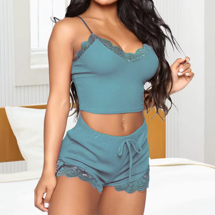 Elegant 2-Piece Lace Bra and Panty Set with Striped Design - Casual Short Pajama Set for Young Women