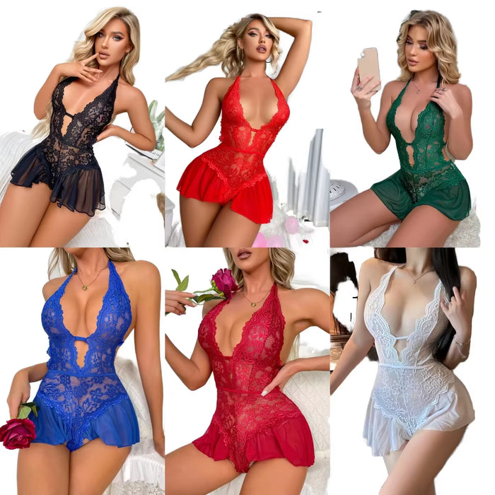 Elegant Plus Size Deep V-Neck Bodysuit with Ruffles and Lace for Women - Sensual Fashion Show Lingerie