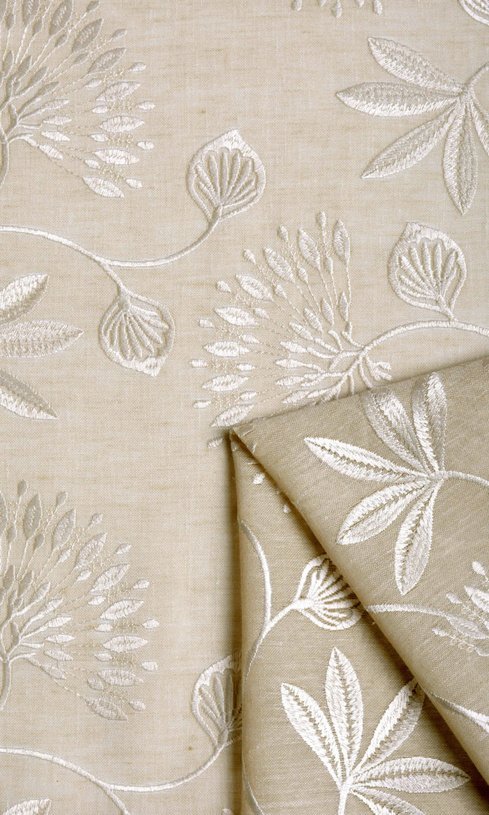 Floral Semi Sheer Fabric Material By the Metre (Wheat Beige/ White)