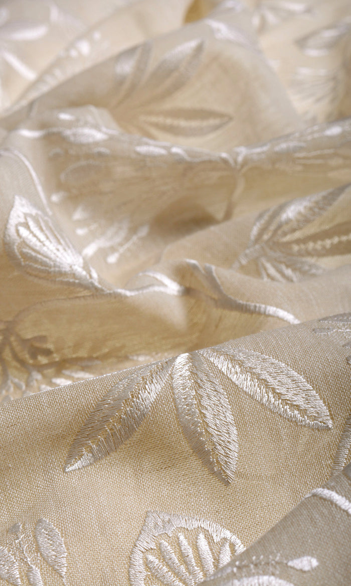 Floral Semi Sheer Fabric By the Metre for Curtains & Drapes (Wheat Beige/ White)