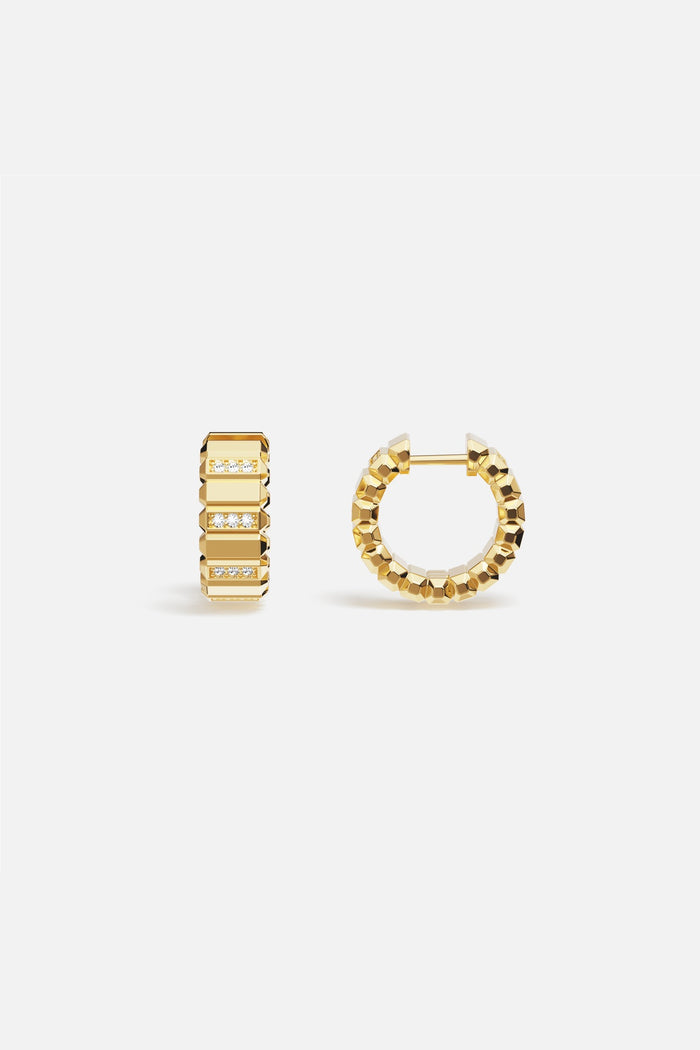 APM Hoop Earrings in golden color, faceted brilliance with a modern architectural edge.