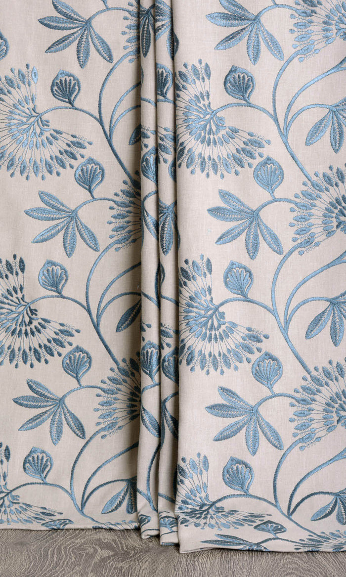 Vine Embroidered Window Treatments Fabric By the Metre (Pale Beige/ Ocean Blue)