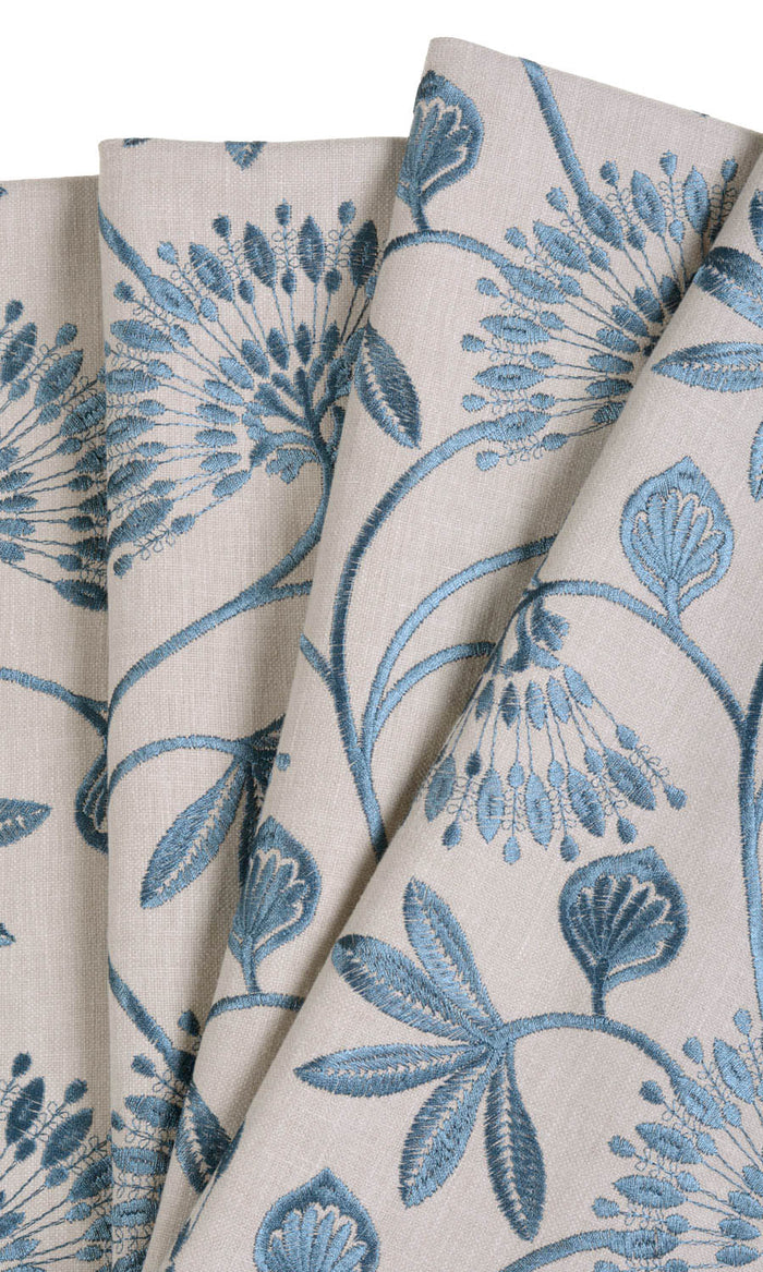 Vine Embroidered Home Textile Fabric Material By the Metre (Pale Beige/ Ocean Blue)