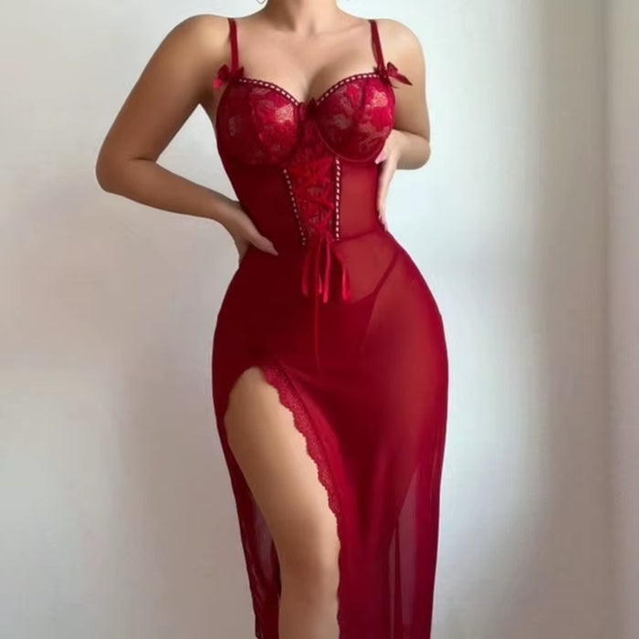 Honeymoon Sexy See-Through Split Mesh Dress Lace Hollow Out Embroidery Long Dress Sexy Lingerie