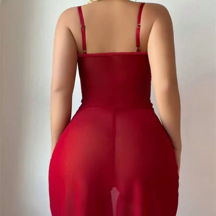 Honeymoon Sexy See-Through Split Mesh Dress Lace Hollow Out Embroidery Long Dress Sexy Lingerie