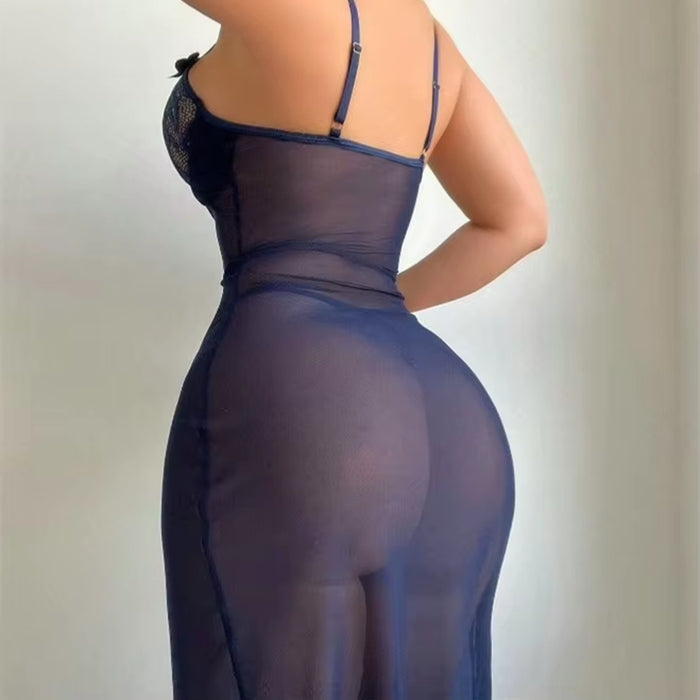 Honeymoon Sexy See-Through Split Mesh Dress Lace Hollow Out Embroidery Long Dress Sexy Lingerie