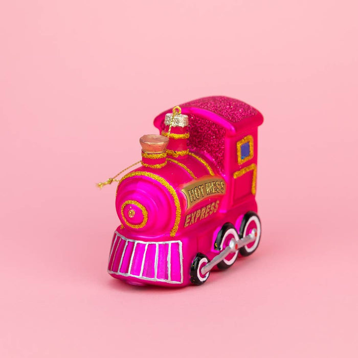 Hot Mess Express Pink Glass Train Christmas Ornament