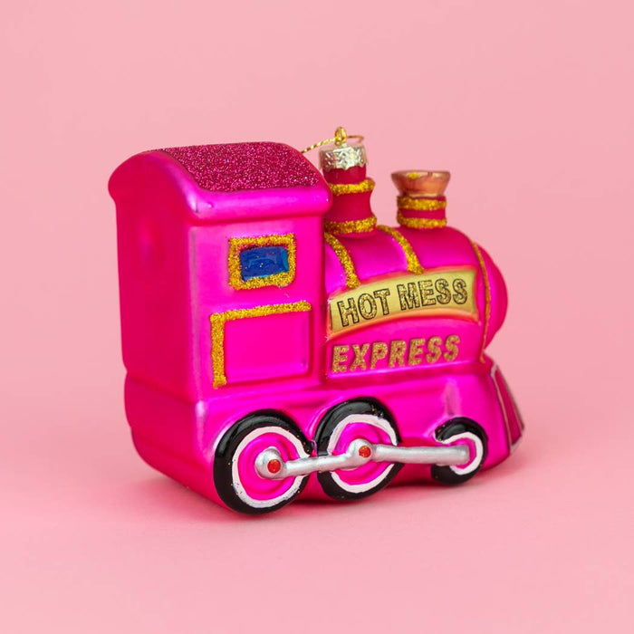 Hot Mess Express Pink Glass Train Christmas Ornament