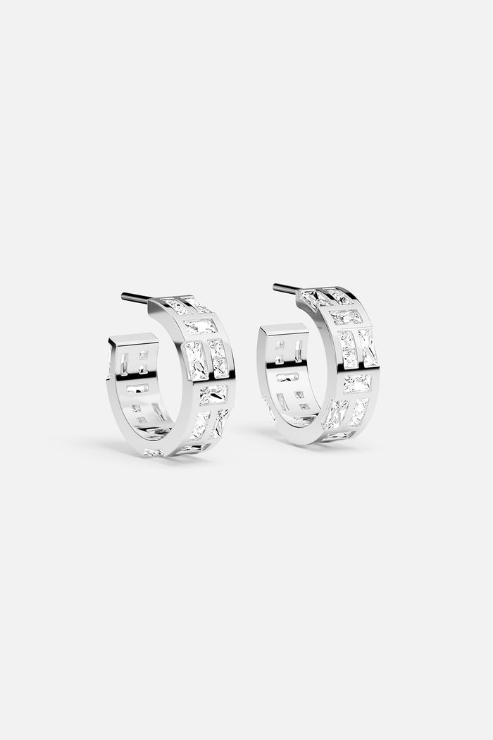 APM Hoop Earrings, luminous rhodium finish with a modern architectural edge.