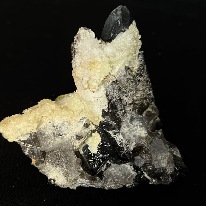 436g Self-Standing Smoky Quartz with Black Tourmaline and Hyalite, Rondekop, Erongo Mountain, Erongo Region, Namibia