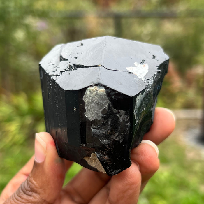 Lustrous Black Tourmaline Crystal with Hyalite, from Erongo Mountain, Erongo Region, Namibia