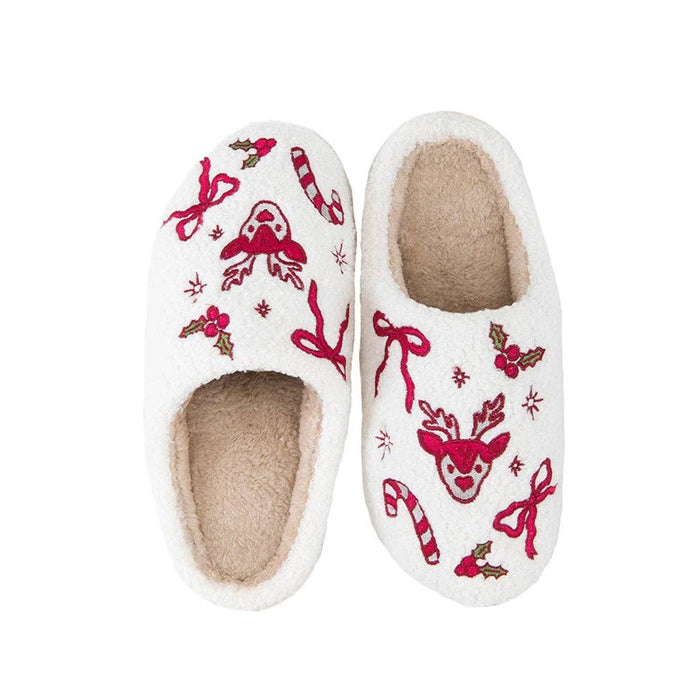 White Christmas slippers with red reindeer, bows, candy canes and holly embroidery design