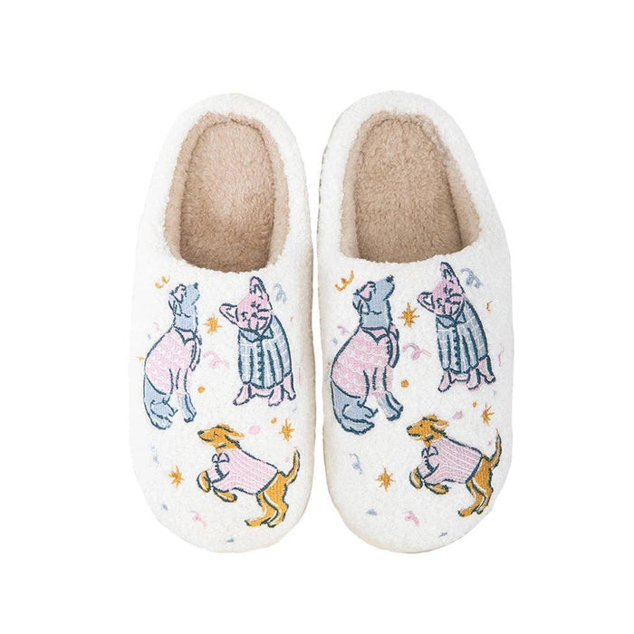 Cream cozy slippers with embroidered dogs, cats, and celestial stars pattern, fluffy interior lining