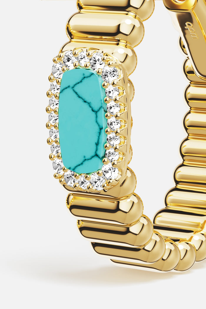 APM Hoop Earrings in golden ridges, cradling a turquoise glow with quiet radiance.