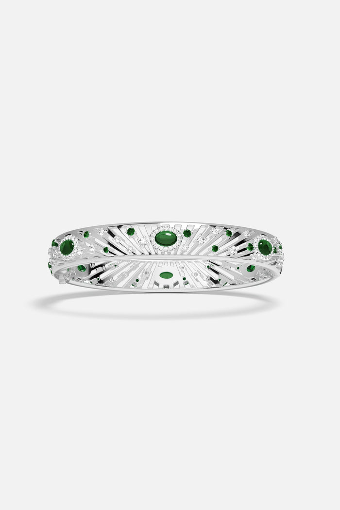 APM Bangle in rhodium finish, radiant with deep green hues and luminous sparkle.