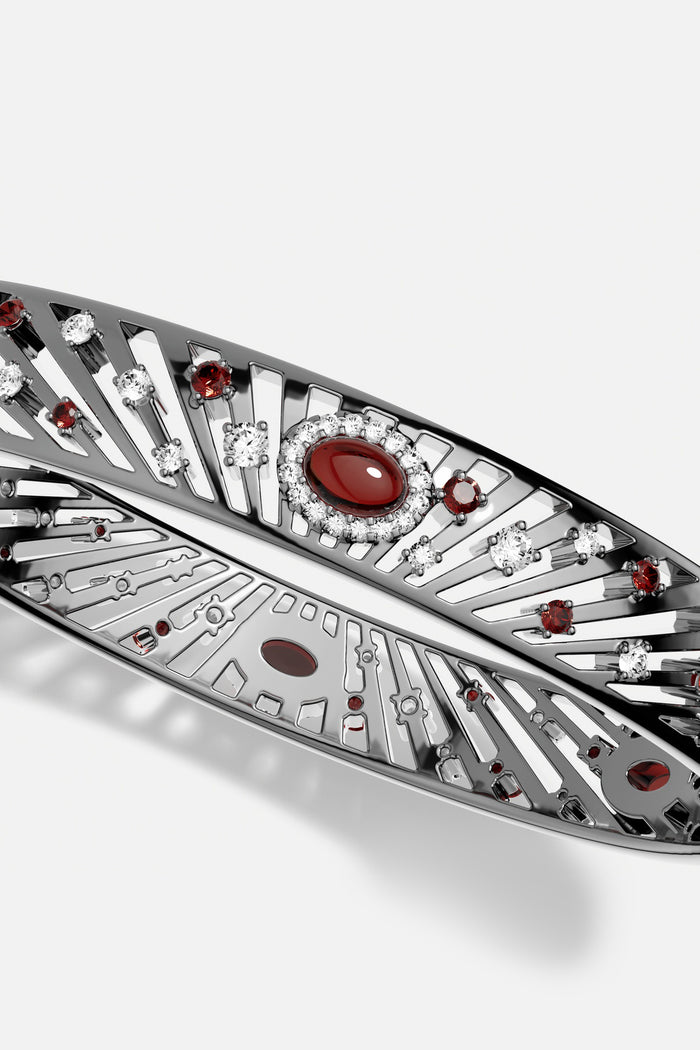 APM Bracelet in rhodium finish, a bold radiant statement with crimson allure.